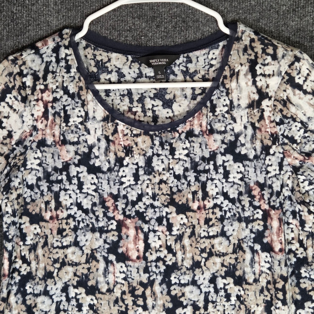 Simply Vera Vera Wang Floral Top Womens Small Navy Pink 3/4 Sleeve Blouse Trim